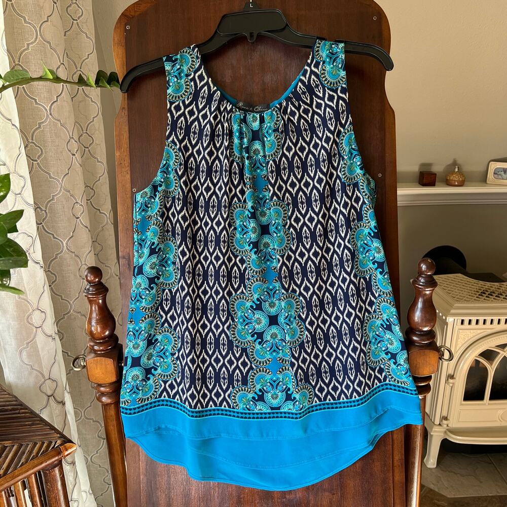 Rose & Olive Navy and Turquoise Patterned Sleeveless Blouse